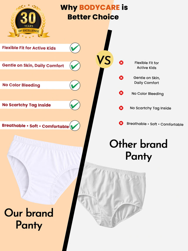 Comparison chart of kids' innerwear panties, highlighting comfort, flexibility, and fabric quality between two brands with images of each product.