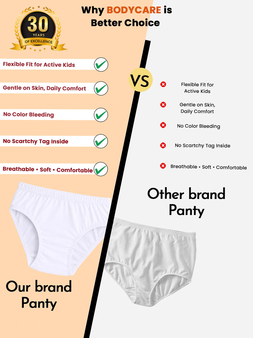 Comparison chart of kids' innerwear panties, highlighting comfort, flexibility, and fabric quality between two brands with images of each product.