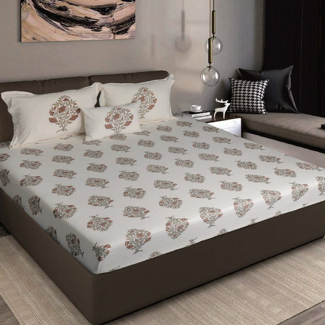 King Size Cotton Bedsheet Floral Handblock Ivory - Bodycare