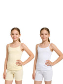 Girls' Lycra Single Jersey. Dori Neck Sleeveless Vest Pack of 2 - White & Skin - 83