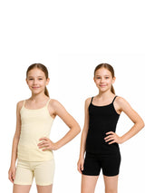 Girls' Lycra Single Jersey. Dori Neck Sleeveless Vest Pack of 2 - Black & Skin - 83
