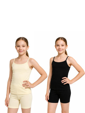 Girls' Lycra Single Jersey. Dori Neck Sleeveless Vest Pack of 2 - Black & Skin - 83