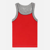 Kids red sleeveless cotton vest with grey trim, innerwear apparel for boys or girls