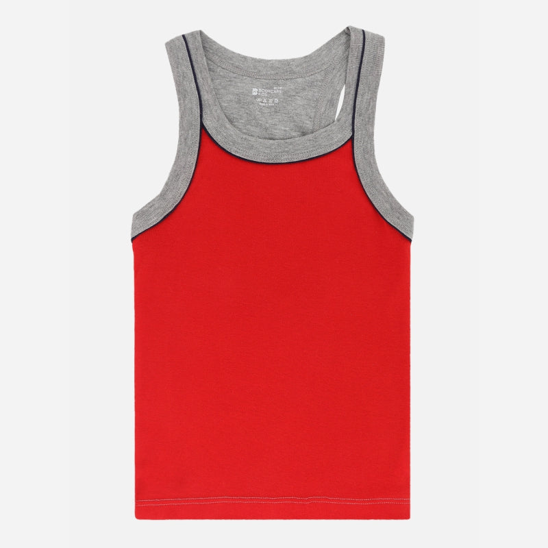 Kids red sleeveless cotton vest with grey trim, innerwear apparel for boys or girls