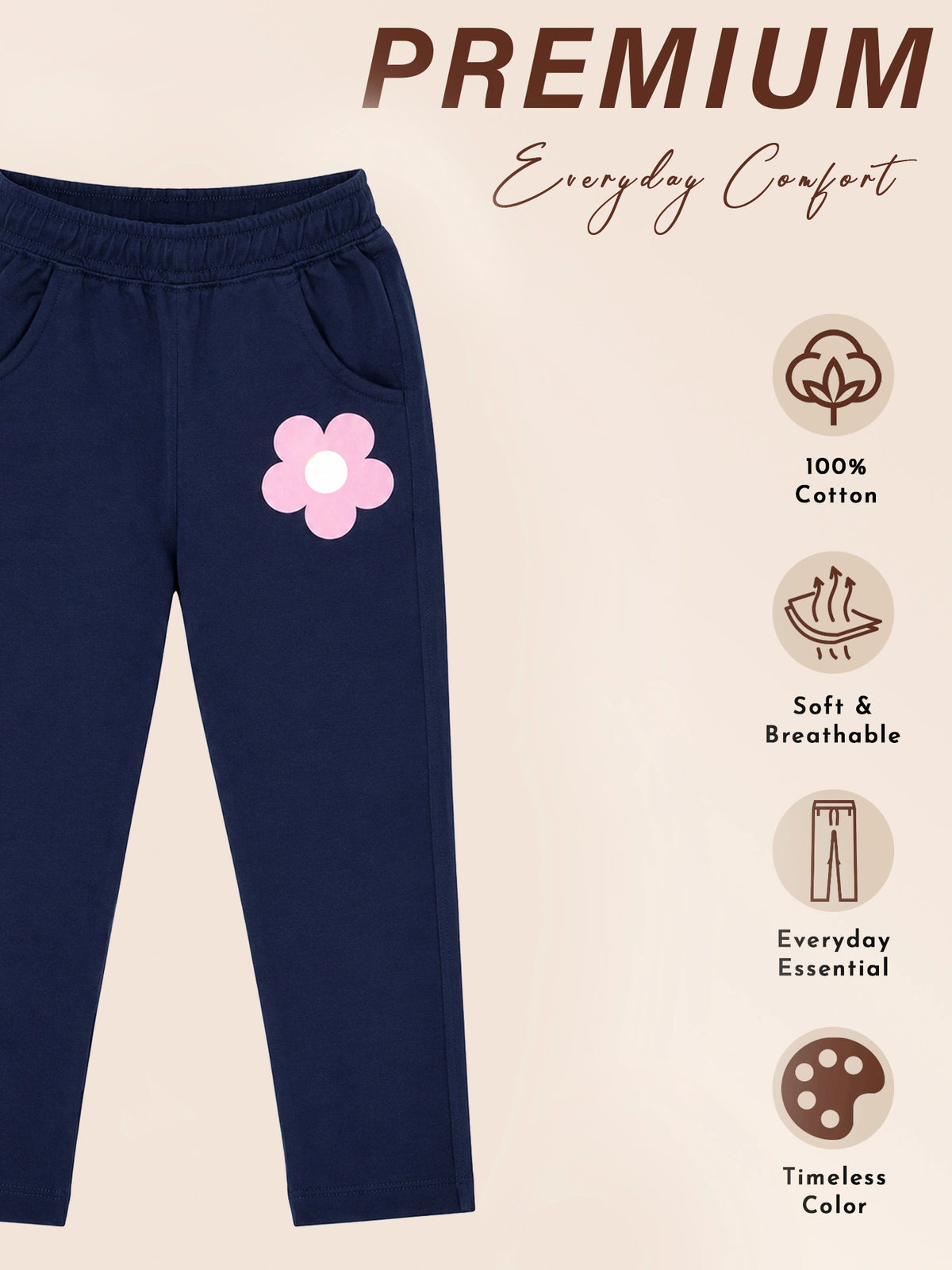 Girls 100% Cotton Track Pant for Casual Wear, Lounge Comfort, Easy Movement and Regular Wardrobe Use