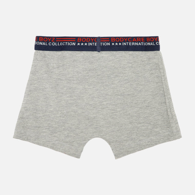 Light grey boys innerwear brief with navy elastic waistband and red lettering