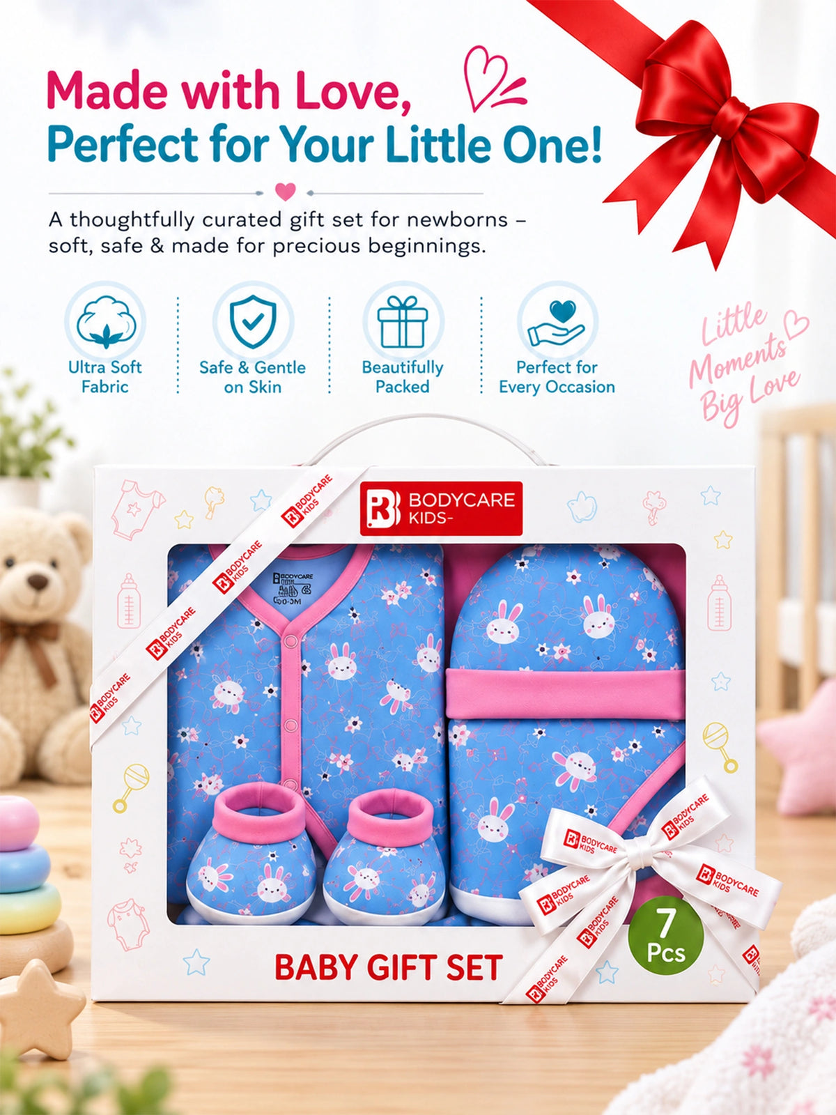 Baby Gift Set for Everyday Baby Care, Coordinated Essentials, Gentle Use and Practical Wardrobe Pairing - Pack of 7