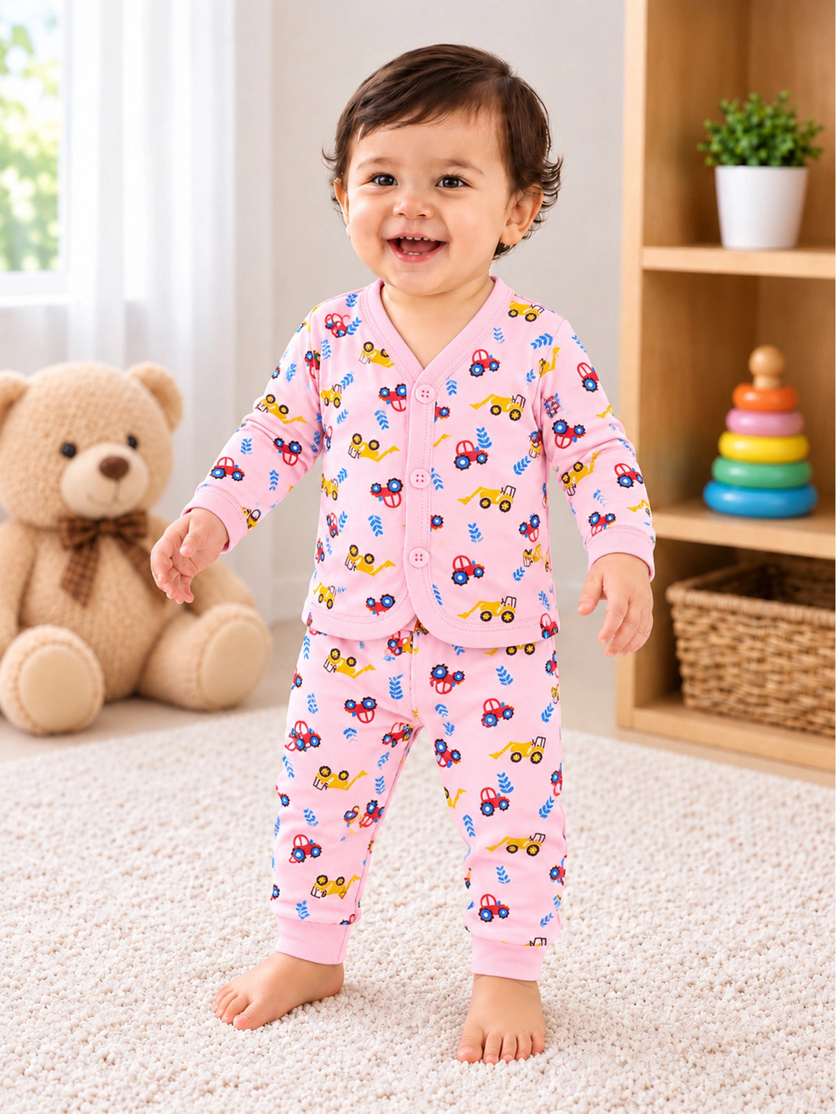 Unisex Baby Front Open Full Sleeve Night Suit Pajami Suit for Soft Comfort, Easy Dressing and Regular Babywear - Pack of 1