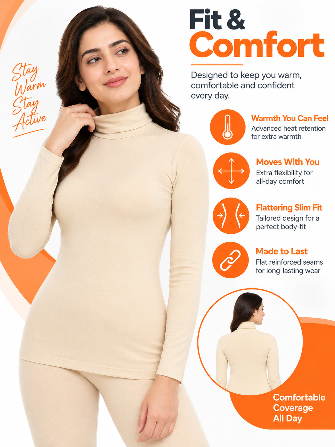 Women Miyabi Thermal Top with High Neck Full Sleeves, Regular Fit Warmth and Winter Innerwear Comfort