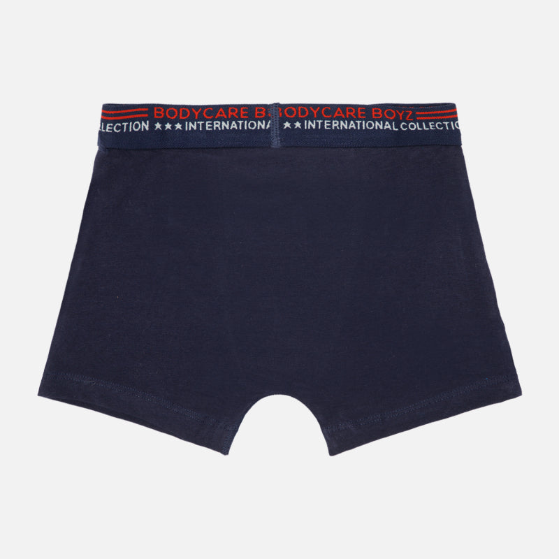 Navy blue boys' boxer brief with elastic waistband and 'Bodycare Boyz' text, kids innerwear