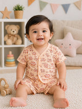 Baby 100% Cotton Front Open Half Sleeves Short Suit with Self Design for Everyday Comfort and Easy Dressing