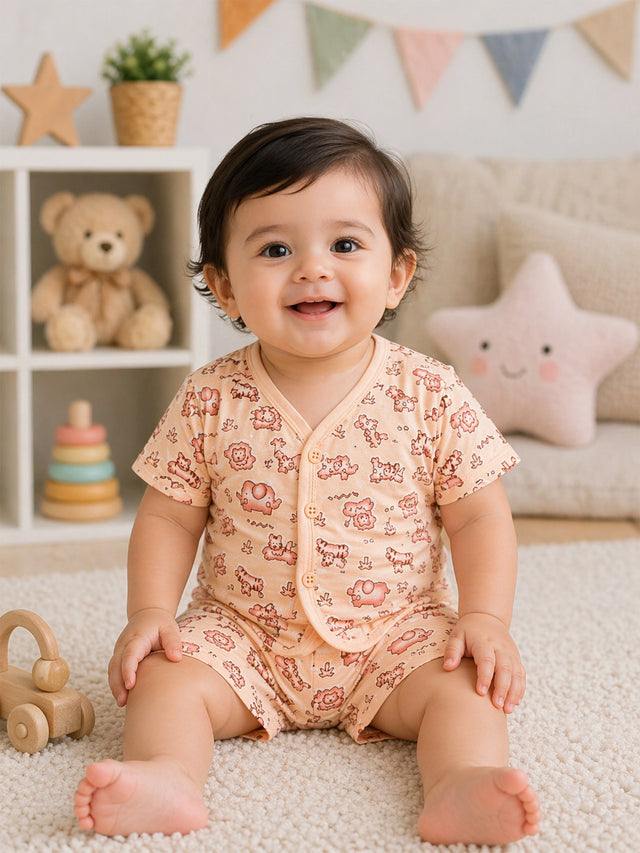 Baby 100% Cotton Front Open Half Sleeves Short Suit with Self Design for Everyday Comfort and Easy Dressing