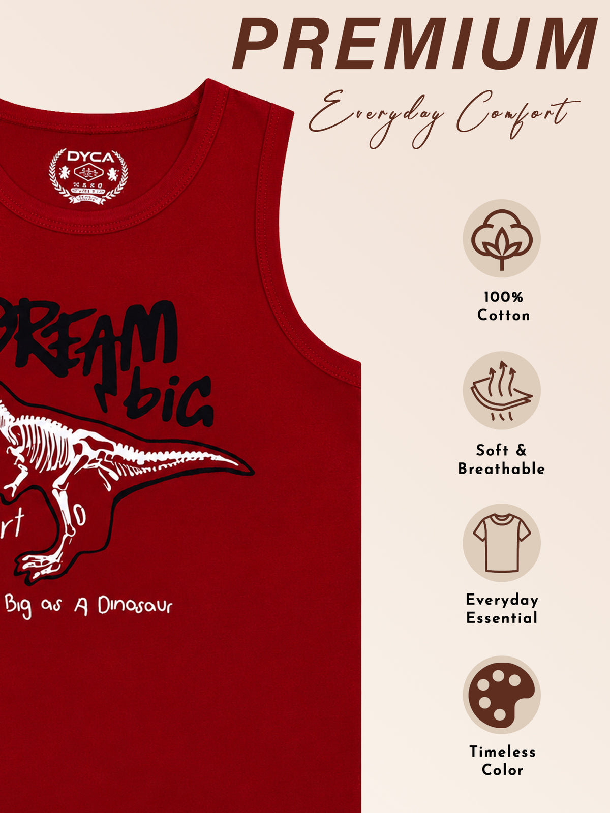 Boys Cotton Printed Sleeveless T-Shirt with Round Neck and Regular Fit for Casual Wear and Easy Movement