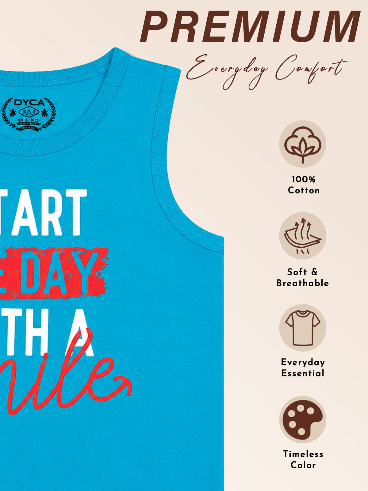 Boys Cotton Printed Sleeveless T-Shirt with Round Neck and Regular Fit for Casual Wear and Easy Movement