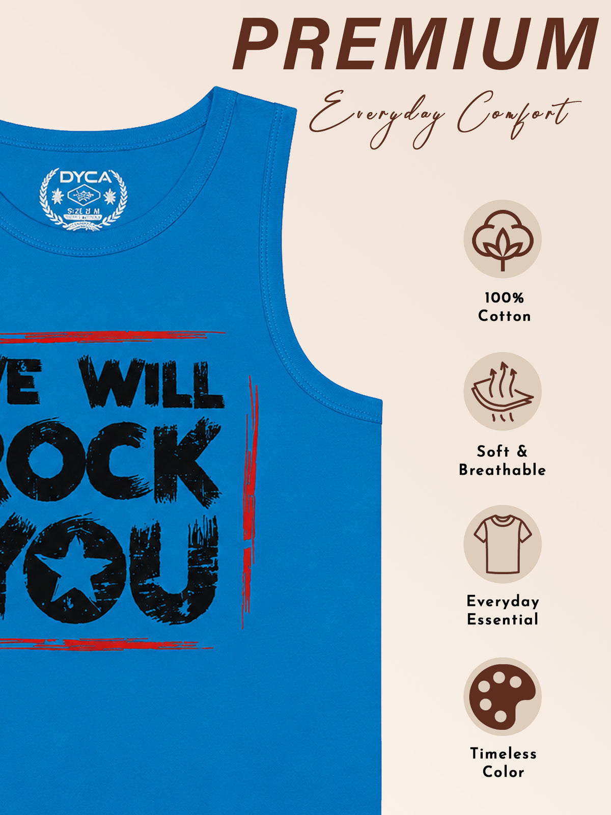 Boys Cotton Printed Sleeveless T-Shirt with Round Neck and Regular Fit for Casual Wear and Easy Movement
