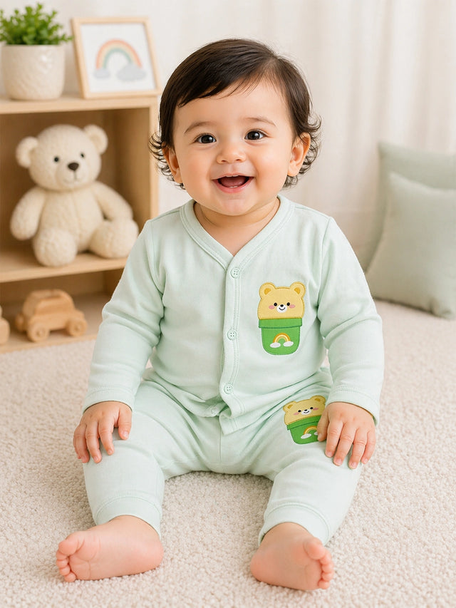 Baby Cotton Rich Front Open Full Sleeves Pajami Suit for Sleepwear Comfort, Easy Dressing and Regular Nightwear