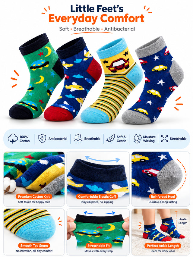 Boys Ankle Length Cotton Socks with Soft Stretchable Comfort, Antibacterial Finish and Moisture Wicking - Pack of 4