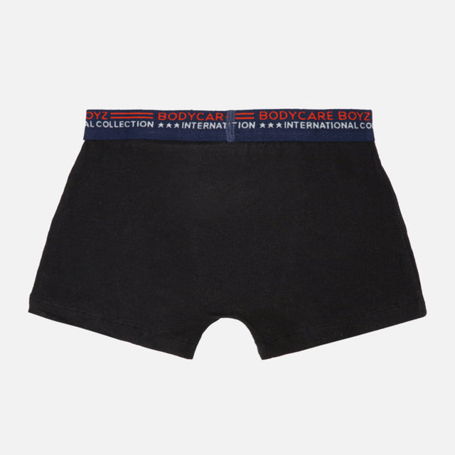 Black boys innerwear boxer shorts with blue elastic waistband and red text, back view