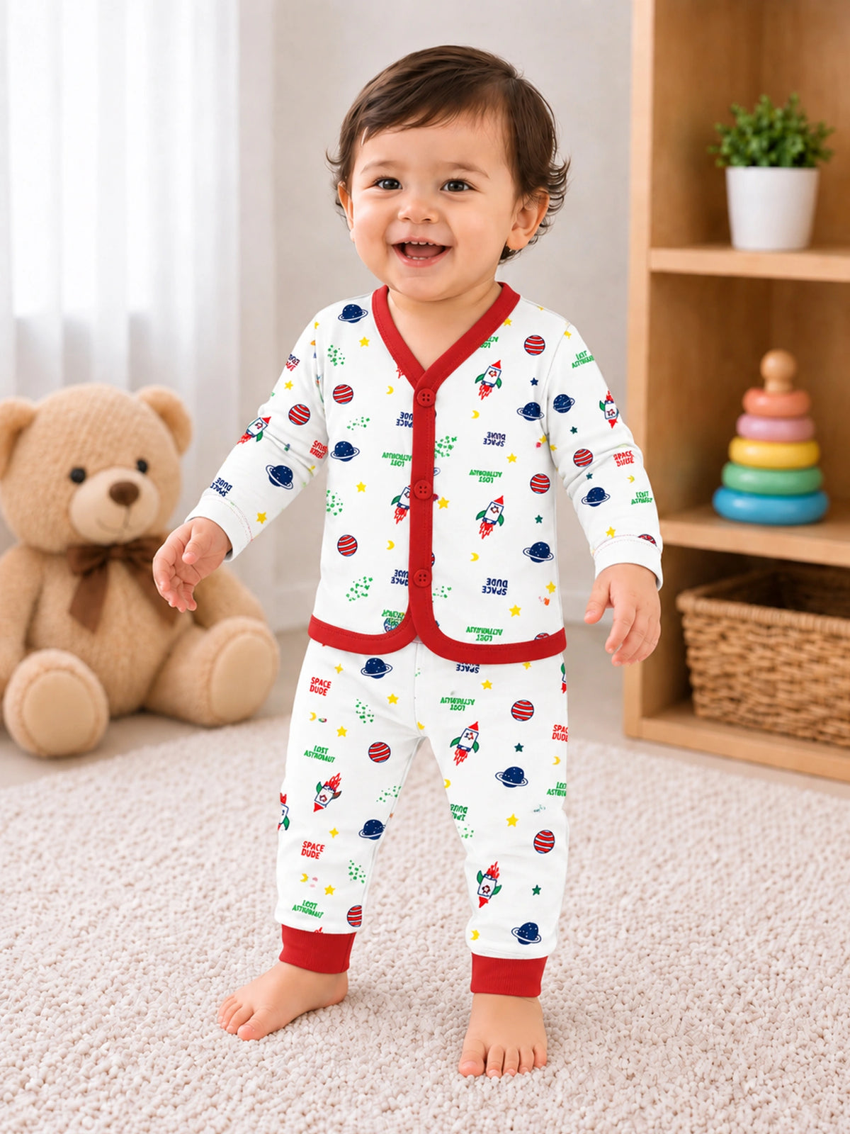 Unisex Baby Cotton Blend Front Open Top and Pyjama Set for Soft Nightwear Comfort and Easy Regular Dressing