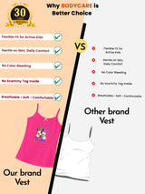 Comparison of kids' pink vest versus plain white vest, highlighting benefits like soft, breathable, comfortable fit, no scratchy tag, and colorfastness.