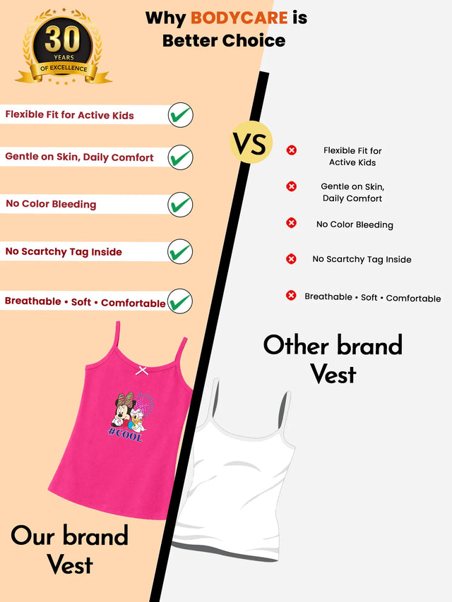 Comparison of kids' pink vest versus plain white vest, highlighting benefits like soft, breathable, comfortable fit, no scratchy tag, and colorfastness.