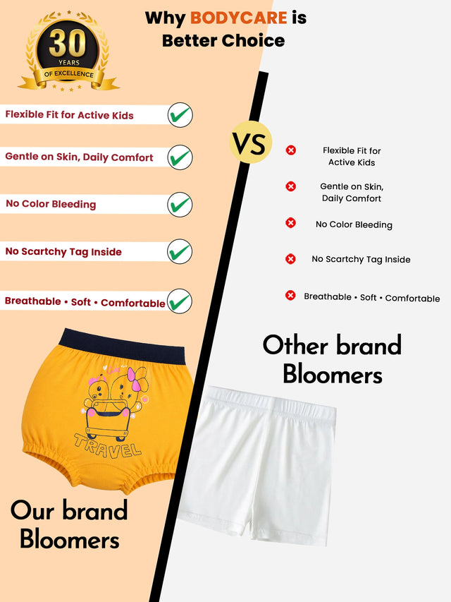 Comparison of kids' yellow cartoon print bloomers with soft waistband and plain white bloomers, highlighting comfort, softness, and breathability features for children's innerwear.