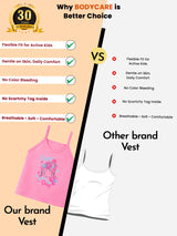 Comparison of kids' vests showing pink, soft, breathable girls vest with printed design versus plain white vest, featuring benefits like flexible fit, comfort, no scratchy tag, no color bleeding.