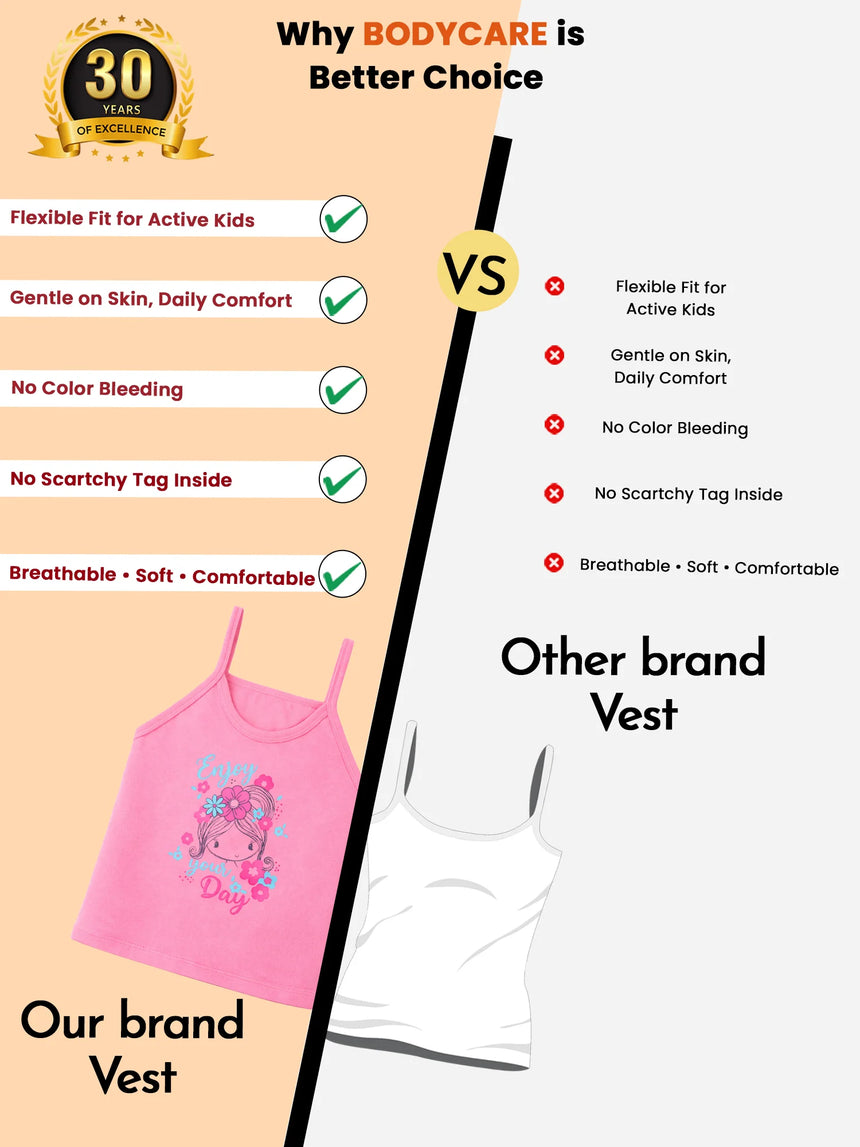 Comparison of kids' vests showing pink, soft, breathable girls vest with printed design versus plain white vest, featuring benefits like flexible fit, comfort, no scratchy tag, no color bleeding.