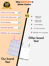 Comparison of colorful kids vest versus plain white vest, highlighting features like flexible fit, comfort, no color bleeding, and breathable fabric.