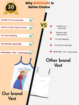 Comparison of kids cartoon print vest vs plain vest, highlighting flexible fit, gentle on skin, no color bleeding, and breathable comfort features.