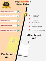 Comparison of kids' yellow vest with cartoon print versus plain white vest, listing features like breathable, comfortable, and gentle on skin.
