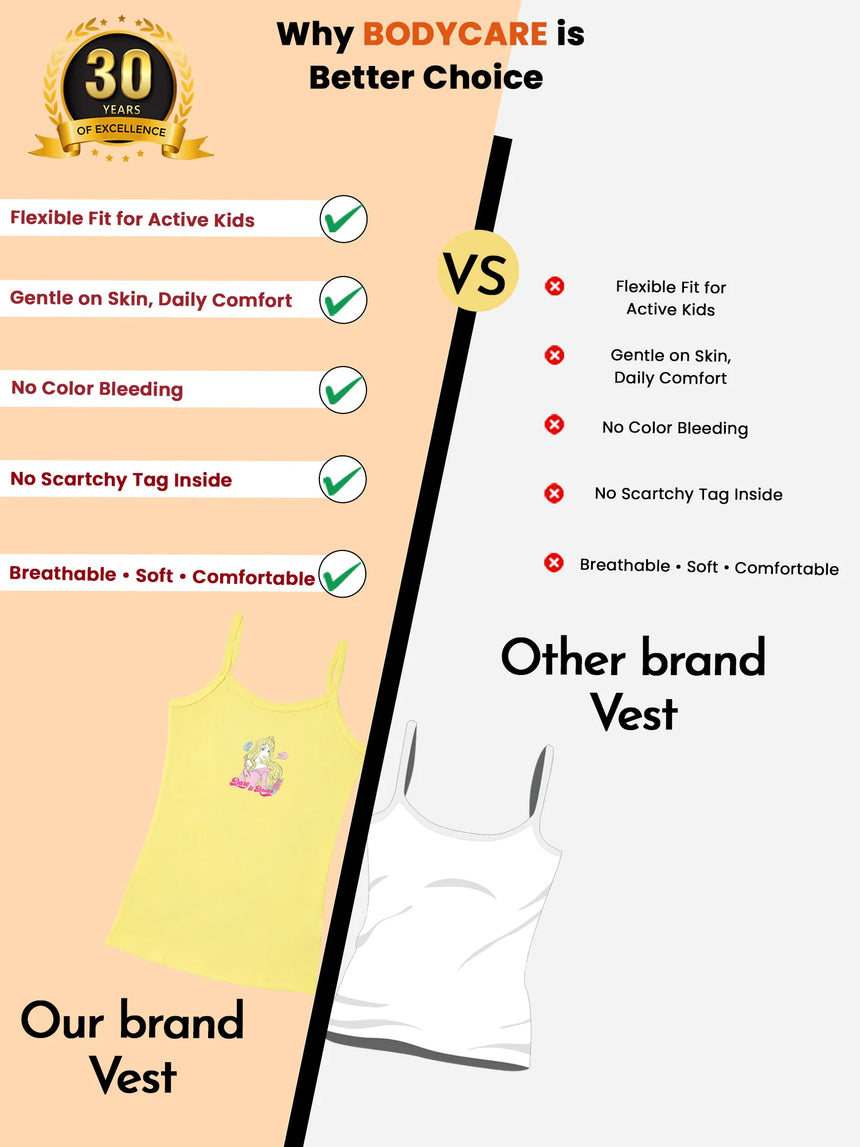 Comparison of kids' yellow vest with cartoon print versus plain white vest, listing features like breathable, comfortable, and gentle on skin.