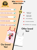 Comparison chart of kids' vest features, showing a colorful printed girl's vest versus a plain white vest, highlighting flexible fit, comfort, and softness.
