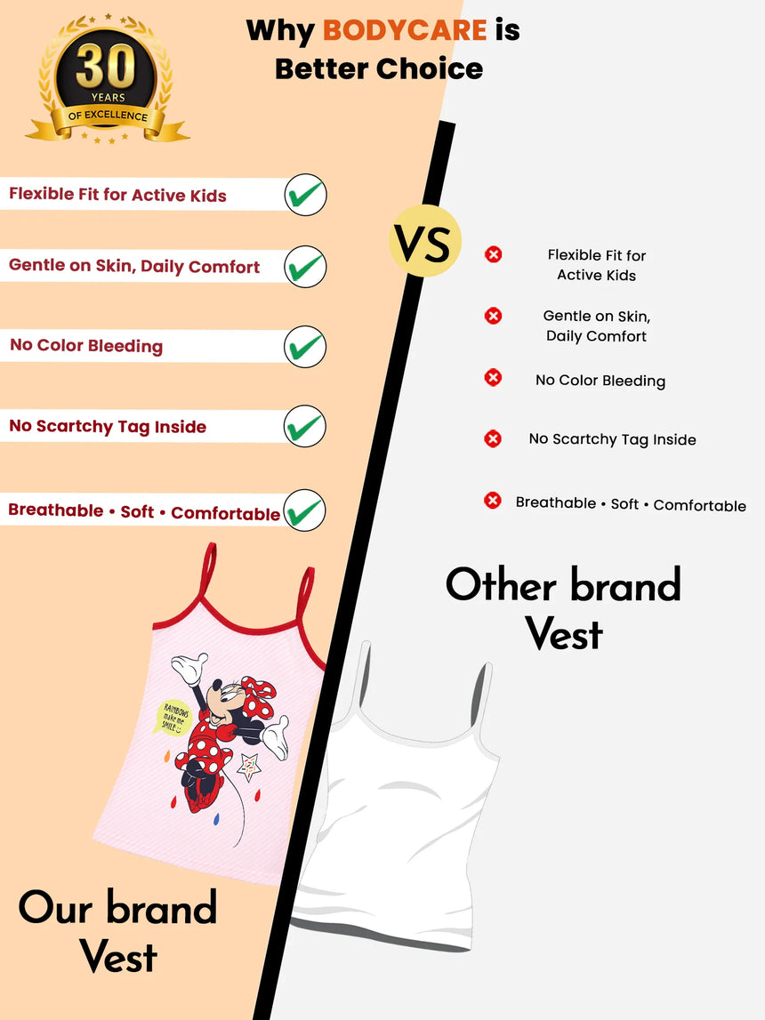 Comparison chart of kids' vest features, showing a colorful printed girl's vest versus a plain white vest, highlighting flexible fit, comfort, and softness.