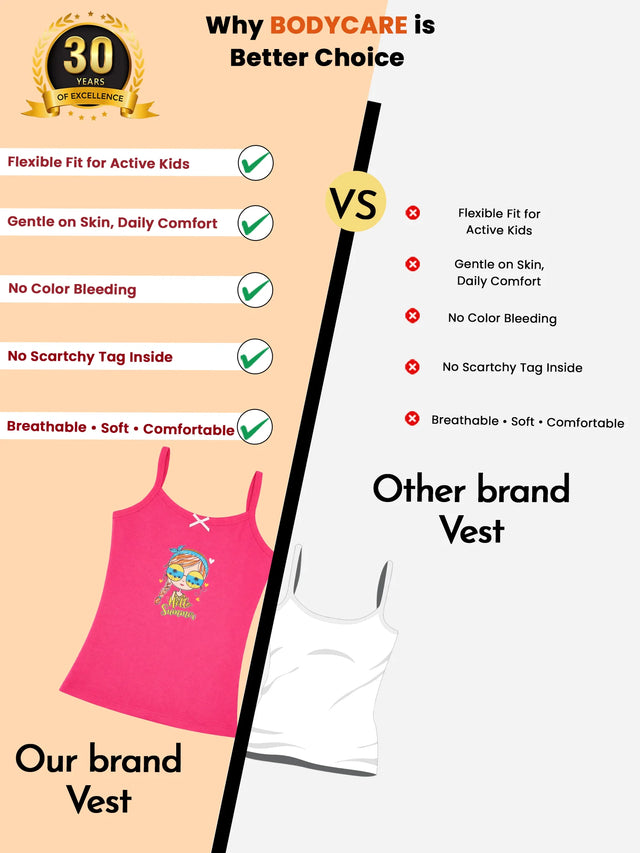 Comparison of kids' vests highlighting features of a pink girl's vest versus a plain white vest, emphasizing flexible fit, comfort, no scratchy tags, and breathable fabric.