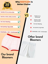 Comparison chart of kids' bloomers showing features of our brand's red-trim polka dot bloomers versus plain white bloomers.