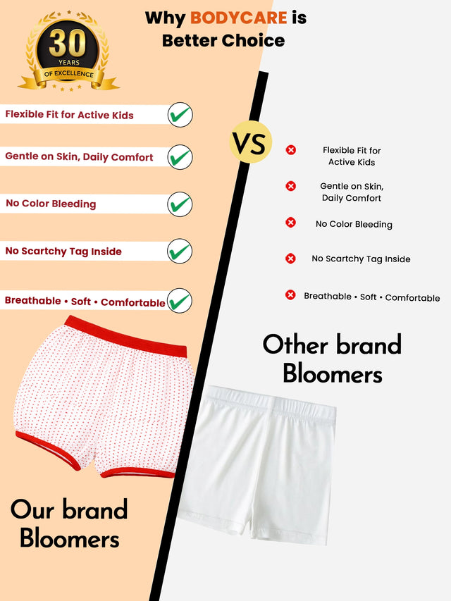 Comparison chart of kids' bloomers showing features of our brand's red-trim polka dot bloomers versus plain white bloomers.