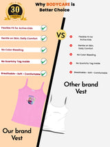 Comparison of kids vest features, showing pink vest with cartoon print and checkmarks versus plain white vest, highlighting flexible fit, soft fabric, and comfort.