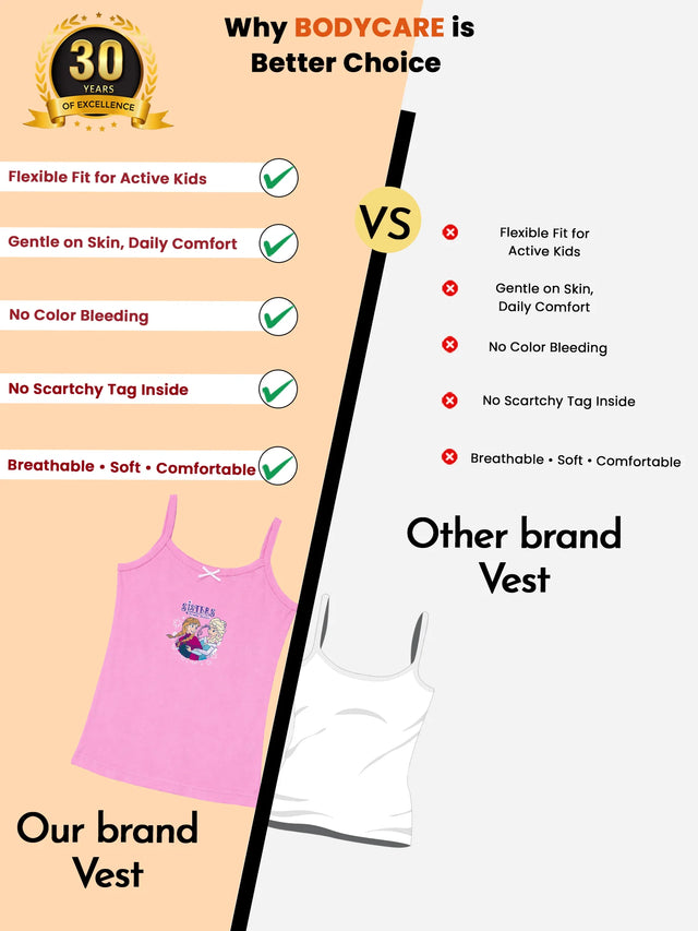 Comparison of kids vest features, showing pink vest with cartoon print and checkmarks versus plain white vest, highlighting flexible fit, soft fabric, and comfort.