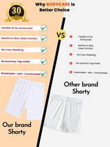Comparison of kids' white shorty innerwear, highlighting benefits like flexible fit, comfort, no scratchy tag, and breathability for active children.