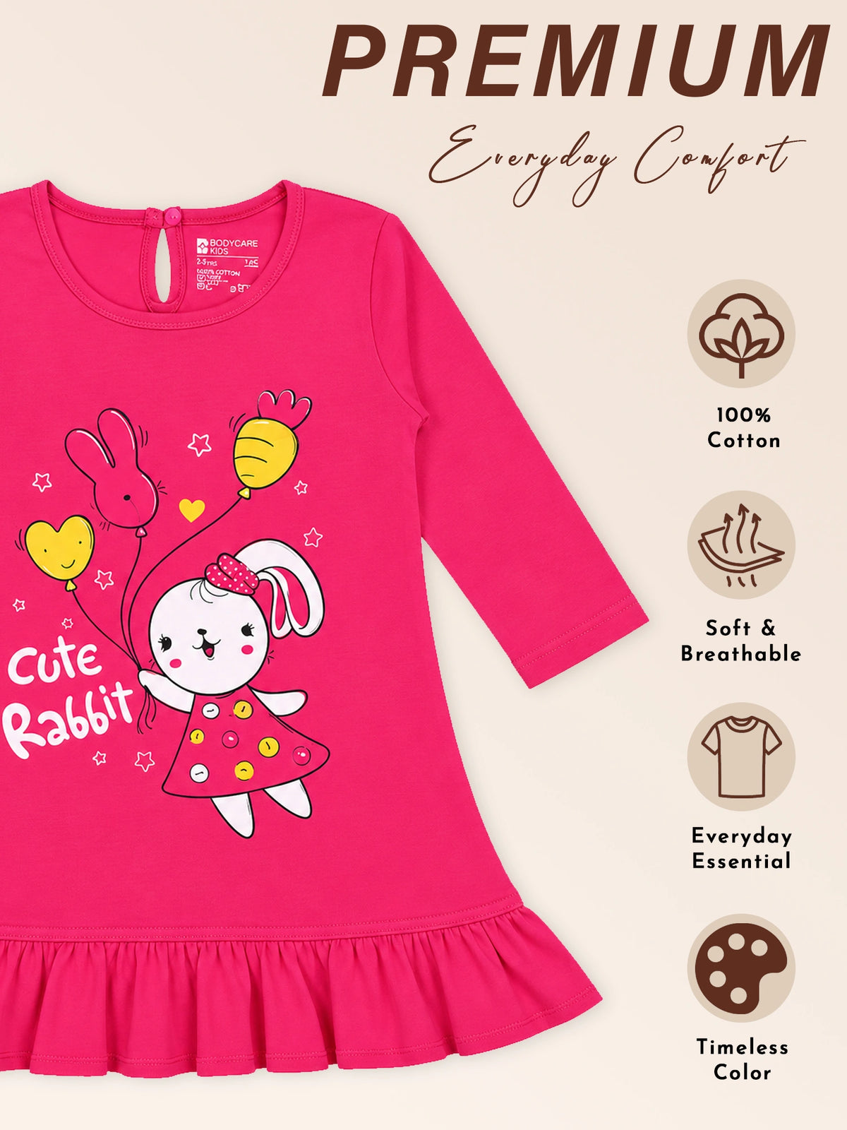 Baby Girls 100% Cotton Full Sleeve Frock with Breathable Fabric, Skin Friendly Regular Fit and Comfortable Wear - Pack of 1