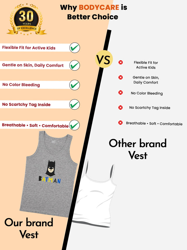 Boys 100% Cotton Round Neck Vest with Regular Fit for Comfortable Everyday Innerwear Use - Pack of 2