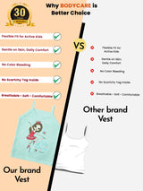 Comparison of kids' printed vest vs plain vest, highlighting comfort and quality features