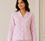 Bodycomfy Women's Cotton Spandex Collared Full Sleeves Night Suit with Pink Flower for Lounge Wear, Sleepwear and Relaxed Everyday Comfort