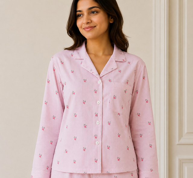 Bodycomfy Women's Cotton Spandex Collared Full Sleeves Night Suit with Pink Flower for Lounge Wear, Sleepwear and Relaxed Everyday Comfort
