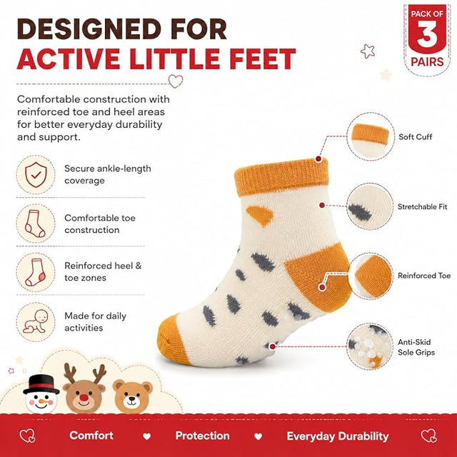 Anti Skid Ankle Length Socks for Infants Pack of 3 Pairs | Non Terry Cotton Blend Grip Socks for Baby Boys & Girls, Soft Breathable Stretchable Daily Wear Socks