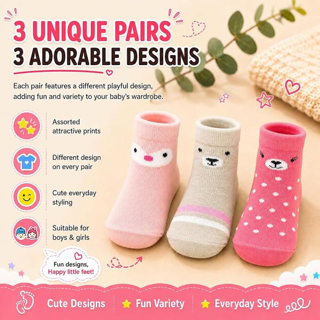 Anti Skid Ankle Length Socks for Infants Pack of 3, Soft Breathable Stretchable Daily Wear Socks