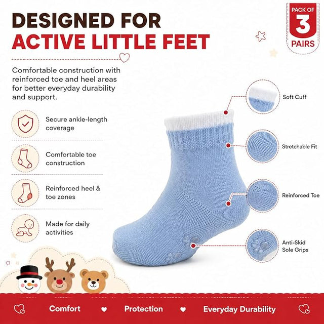 Anti Skid Ankle Length Socks for Infants Pack of 3 Pairs Non Terry Cotton Blend Grip Socks for Baby Boys & Girls