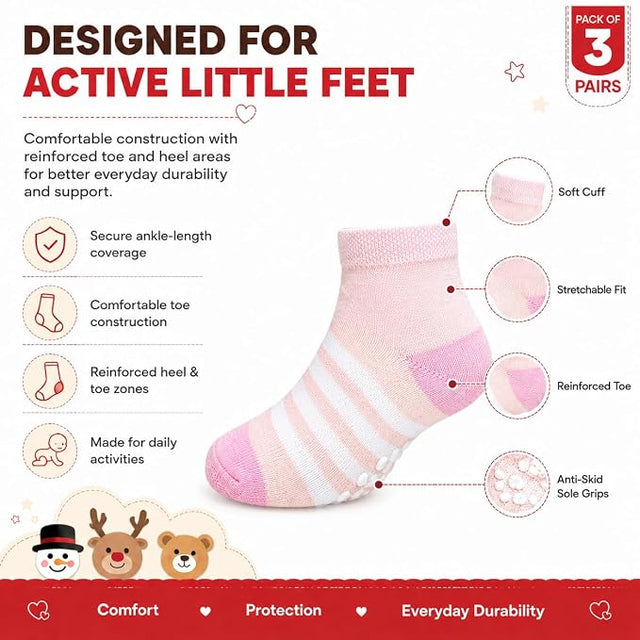Anti Skid Ankle Length Cotton Blend Grip Socks for Infants Pack of 3 Pairs