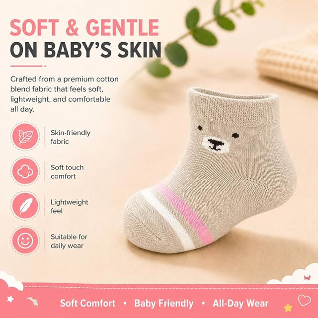 Anti Skid Ankle Length Socks for Infants Pack of 3, Soft Breathable Stretchable Daily Wear Socks
